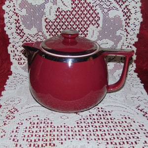 Hall China Maroon and Silver LARGE Coffee Pot Called &quot;The Big Boy&quot; Retro 30&#39;s Kitchen
