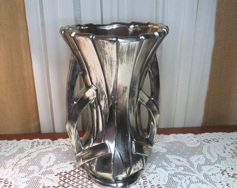 1960s McCoy Pottery Aqua Line Strap Vase in Antiqued Silver ONE RARE VASE