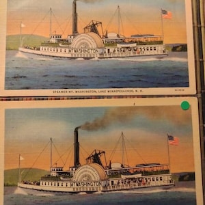 Vintage carte postale Steamer Mt Washington II à Alton Bay Lake Winnipesaukee, New Hampshire DEUX DISPONIBLES inutilisés