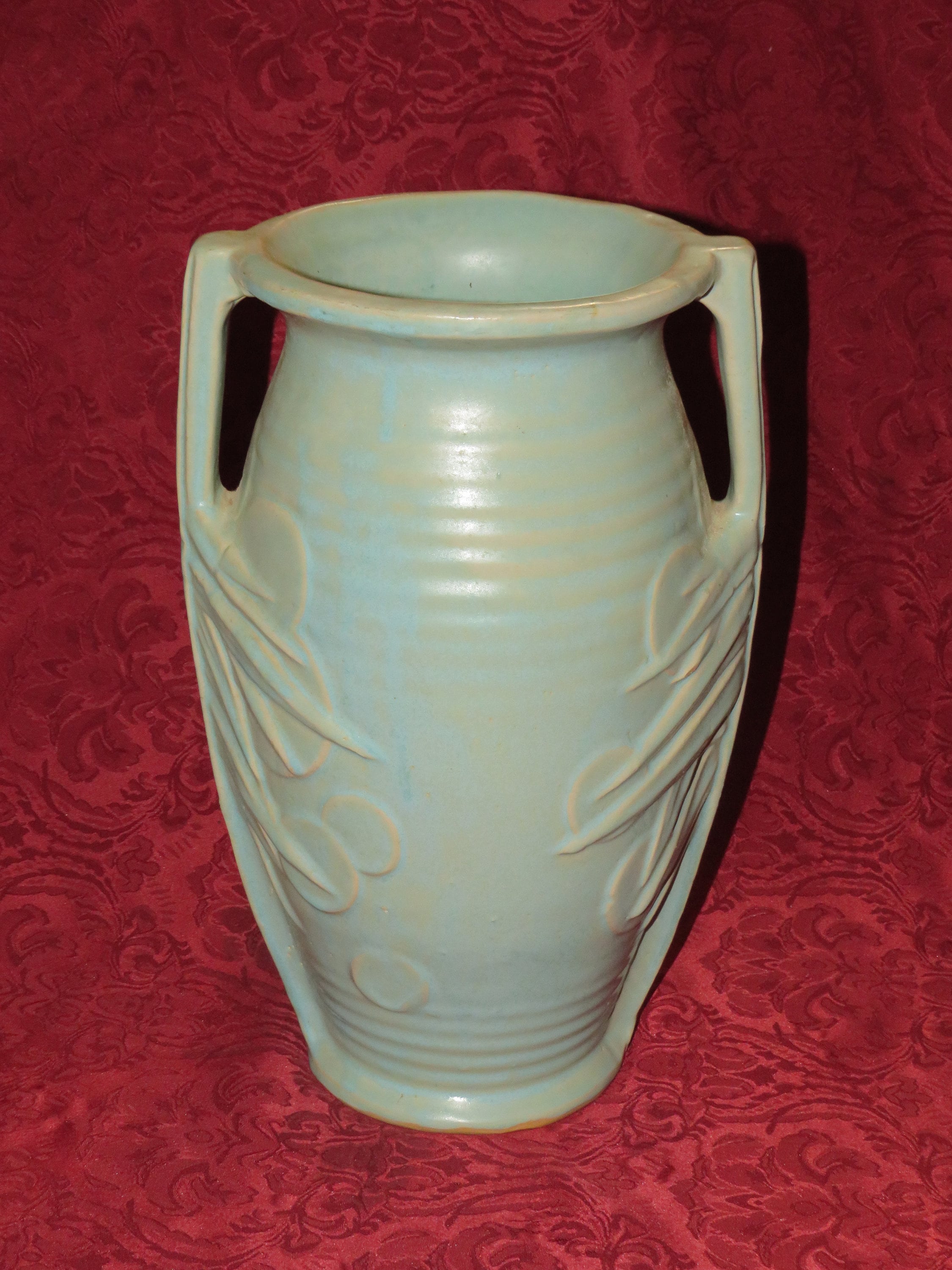 1940s Mccoy Sand Dollar Vase: Aqua Green Art Deco Stoneware, 14
