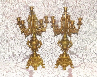 STUNNING Pair of 24 inch 6 Candle 5 Arm Candelabras by  Brevettato Brass  Baroque Style