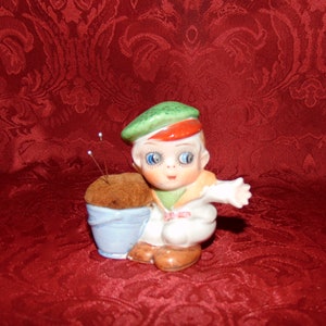 Vintage Pincushion Adorable Google Eyed Japanese Boy Sailor with Original Velvet Cusion