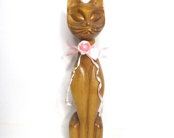 14 inch MCM Vintage Hand Carved Wooden Cat Statue (499)