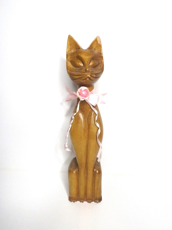 14 inch MCM Vintage Hand Carved Wooden Cat Statue (499)
