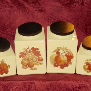 4 Mid Century Retro Kyalyn Canister Set Heavy Pottery Fruit Harvest on Creamy White with Round Wooden Lids