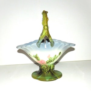 1950s Hull Pottery Woodland Basket: Blue & Green Floral Centerpiece