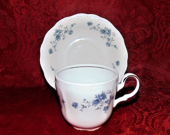 14 AVAILABLE! Johann Haviland &quot;Blue Garland&quot; Pattern Flat Bottom Cups & Saucers Platinum Decorated Traditions Fine China