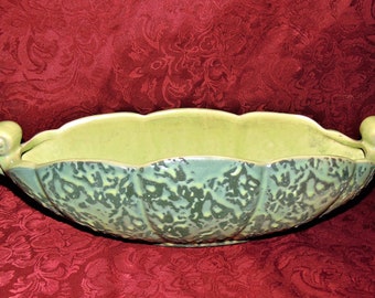 LARGE 1956 McCoy Pottery Ovoid Brocade Line Mottled Green Scroll Handled Scalloped Planter / Vase