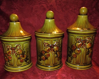 1965 Mid-Century  Los Angeles Potteries Canister Set with Fruit Decoration  RESERVED