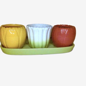 May include: A set of three small, fluted ceramic planters in yellow, white, and reddish-brown, arranged on a matching light green rectangular tray. Each planter features a rounded, ribbed design with a smooth, glossy finish and open tops.