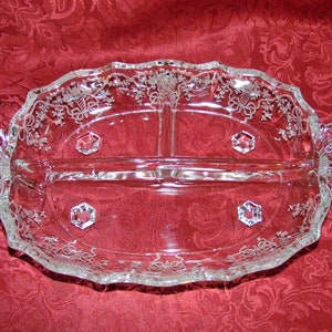 Vintage FOSTORIA 3 part Divided Relish Dish Etched in the Corsage Pattern Crystal