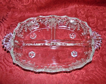 Vintage FOSTORIA 3 part Divided Relish Dish Etched in the Corsage Pattern Crystal