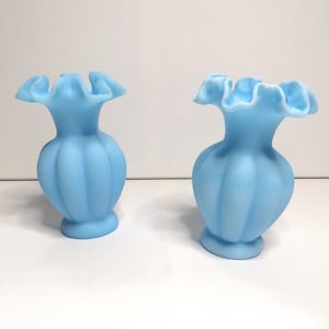 Two Vintage Fenton Art Satin Glass Beautiful Blue Vase Ruffled Top Mellon Base