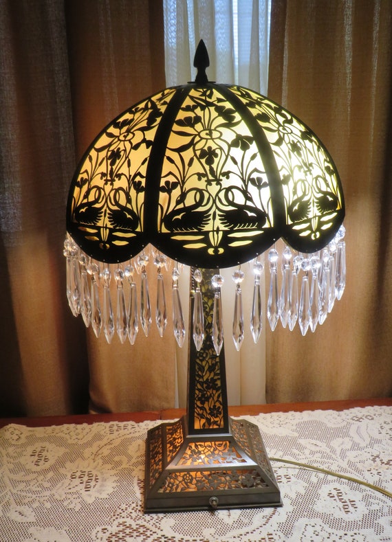 26" 1920'a Unique Art Deco Lamp Ornate Cut Out Metal Work with 56 Prisms