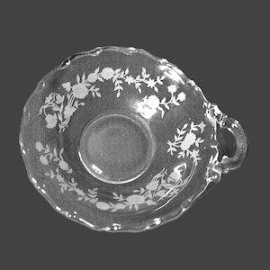 1950s Fostoria Glass Small Nappy Sing le Handled Bowl Etched &quot;Bouquet&quot; Pattern for Serving (inv 545)