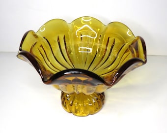 Jeanette Glass Amber Compote Pedestal Bowl Mid Century Heavy Collectible Glass