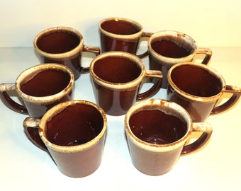 8 McCoy Pottery Vintage 1960's Brown Drip Glaze Ceramic Coffee Mugs / Teacups (inv 514)