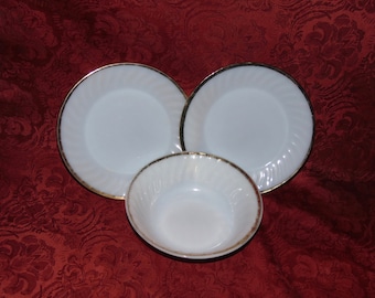 Lot of 3 Vintage Fire King 2 Swirl Plates and 8 inch Bowl by Anchor Hocking Gold Trim