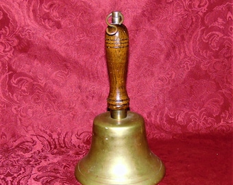 Vintage Solid Brass School Bell: Loud Ringing, Wood Handle, 10 Inch