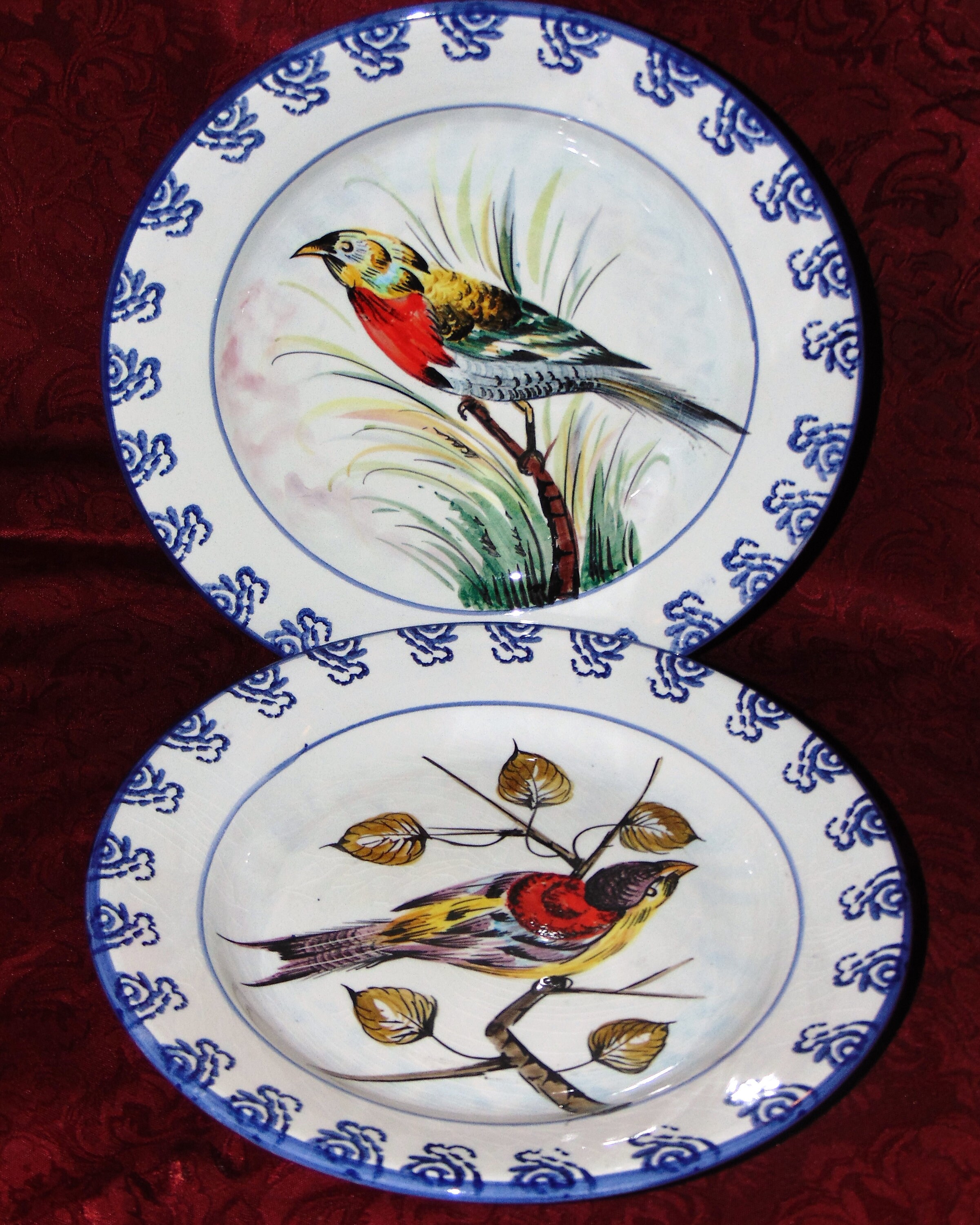 Vintage Bassano Italian Porcelain Plates: Hand-painted Birds, Blue