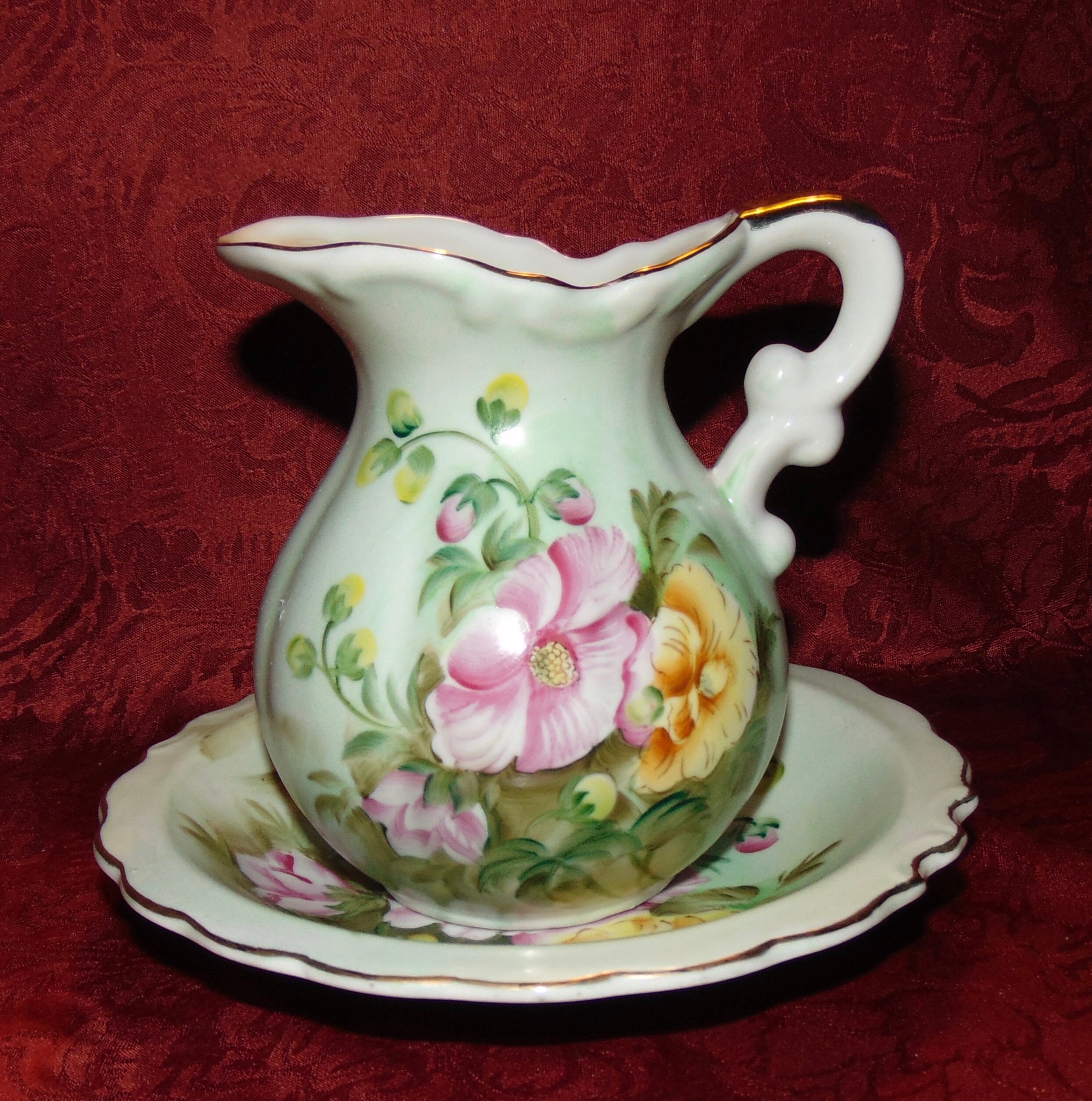 1950's Lefton China Heritage Green Pitcher and Bowl Hand Painted GORGEOUS!