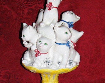 Porcelain Kitten Statue Centerpiece: Hand-Painted Tin Glaze, Marked Italy