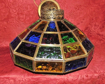 Vintage Chandelier Multi-Colored Brass Encased Glass with Fancy Brass Fretwork Gallies
