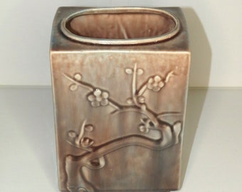 USA Mid Century USA Vase Rectangular Cherry Blossom Design Brown/ Gray  496