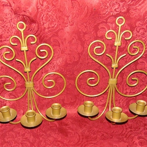 Pair of Vintage 1960s 3 Candle Scrolled Bronzed/Gold Metal Wall Sconces