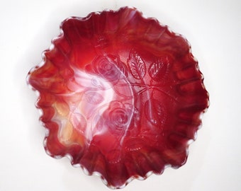 1950s Imperial Glass Swirled Red Glass Fluted Bowl Rose Pattern
