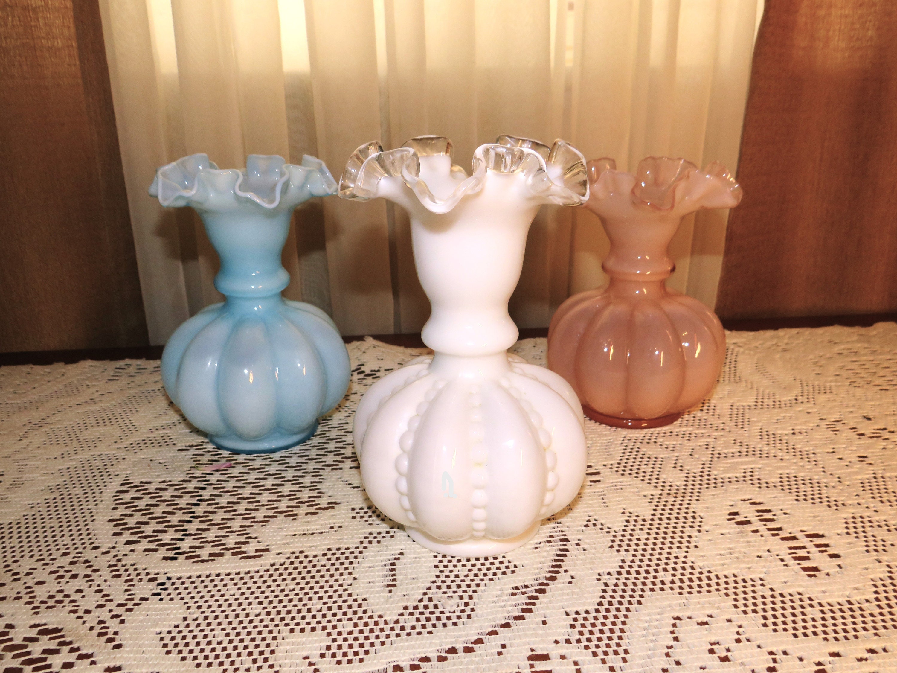 Vintage Fenton Art Glass Vase: Blue Ruffled Melon Base - Etsy