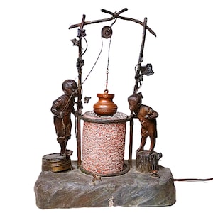 Late 1800&#39;s Art Nouveau Lamp Bronzed Spelter A de Ranieri Full Figures &quot;Boys at the Well&#39;  (inv 546)