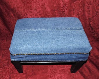 Vintage Foot Stool Recovered and Renewed in Blue Denim