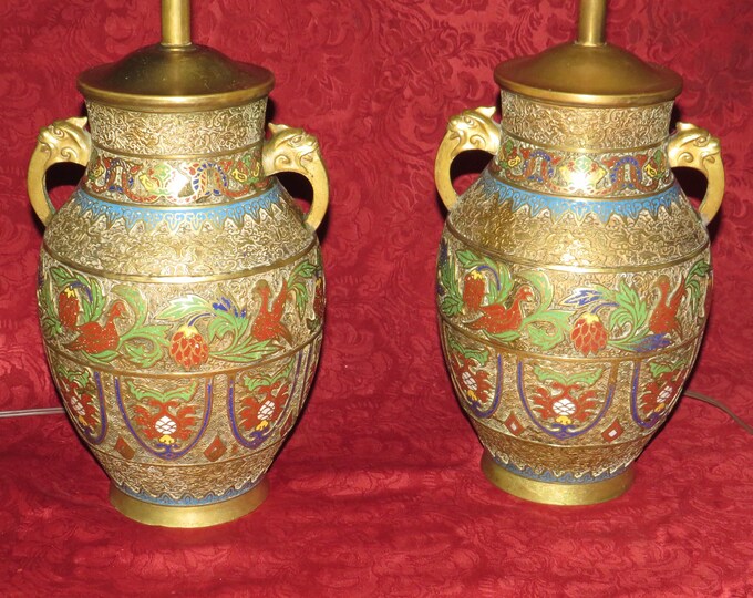 Pair of Antique Chinese Brass Champleve Table Lamps Rewired and Working ...