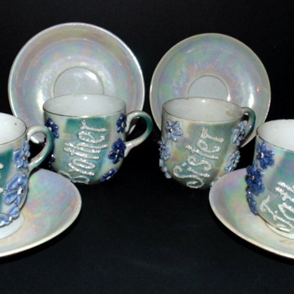 German Tea Set Blue Luster Glaze Mother Father Sister Brother