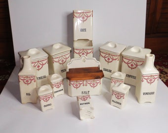 Early 1900's Lovely Ditmar Urbach Canister Set of 14 PIECES Roses with Salt Box Oil & Vinegar