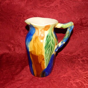 Vintage Majolica Style Large Pitcher Blue Green Brown Gold