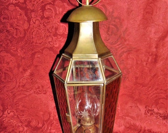 17 inch Bronzed Brass Kerosene Lantern with Clear Etched & Amber Glass Panels