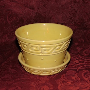 McCoy Pottery Bright Yellow Greek Key & Dot Planter Pot with Attached Drip Dish