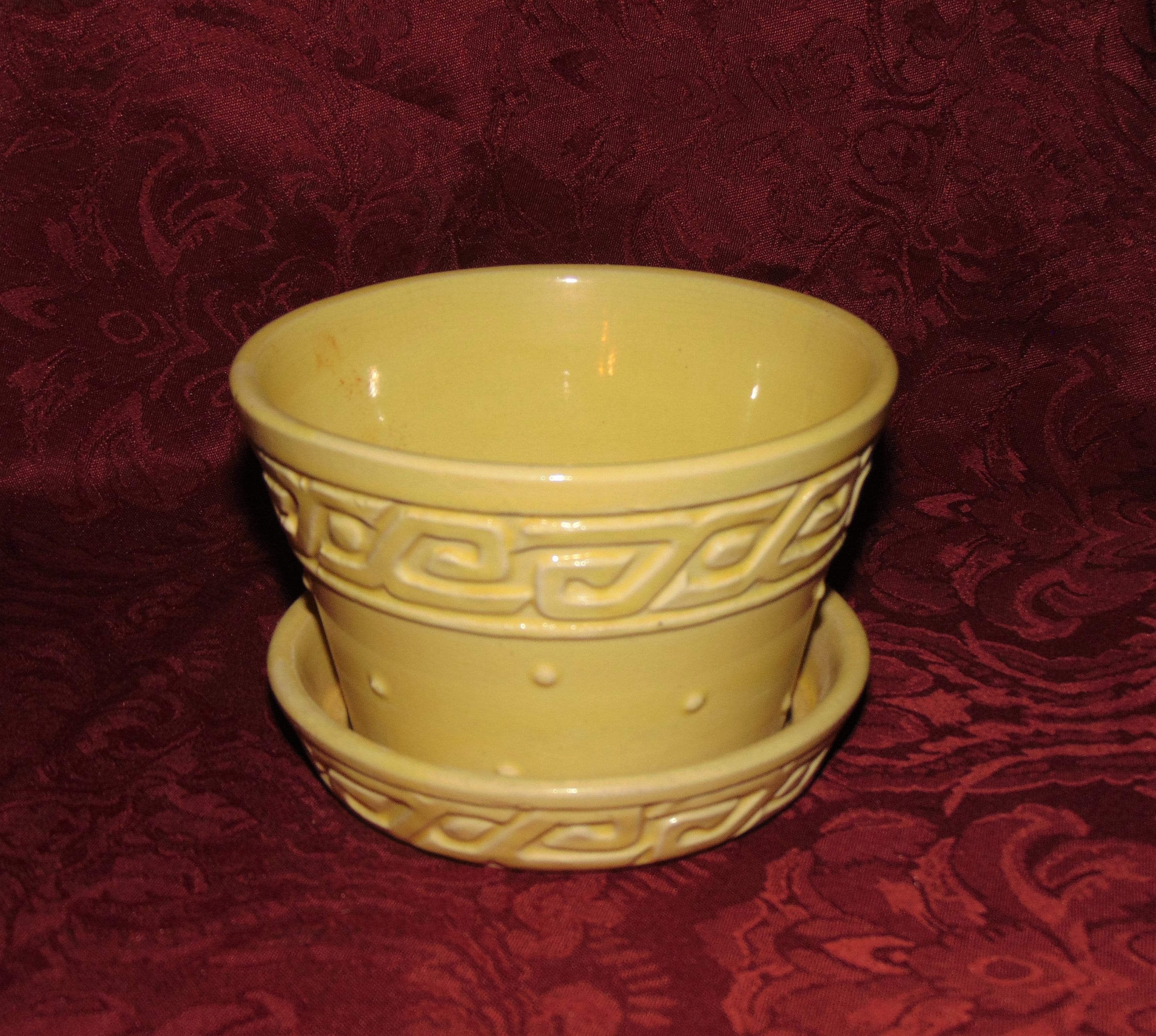 Mccoy Pottery Bright Yellow Greek Key & Dot Planter Pot With