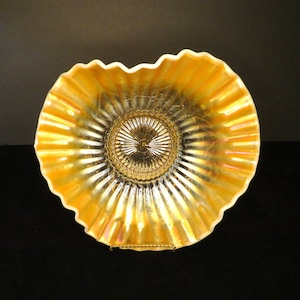Antique Dugan Peach Opalescent Carnival Glass Bowl: Ruffled Flower Pattern