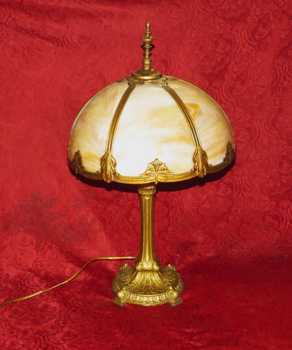 1915 Antique Caramel Slag Glass Lamp 6 Domed Panels PROFESSIONALLY
