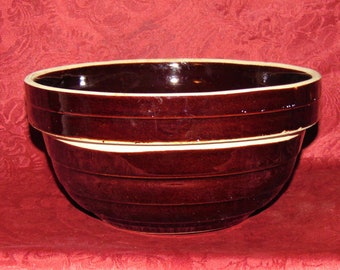 1930s Stoneware Mixing Serving Bowl Brown Glaze Marked 9 inch USA