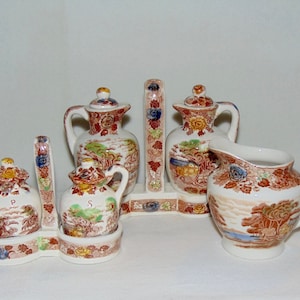 1940s Nasco Cruet Set: Mountain Woodland Brown Transfer Ware