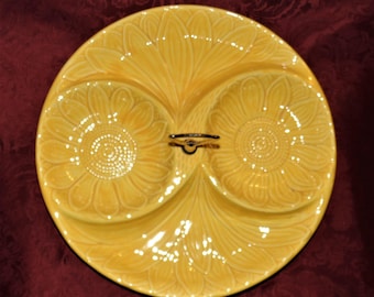 1960 Large 13 inch Divided Serving Dish California Pottery in Delightful Sun Flower Yellow
