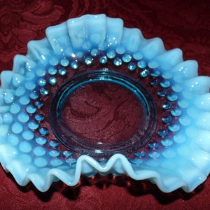 Fenton Blue Opalescent Ruffled Crimped Hobnail Plate