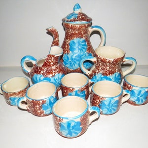 9-piece TEA SET Mid Century Ceramic Hand Made Hand Painted Mexico (Inv 511)