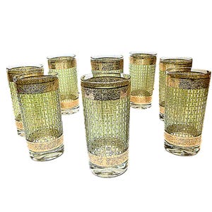 Set of 8: 1960s Culver Glass Tumblers, 22KT Gold, Green Basket Weave, MCM Barware