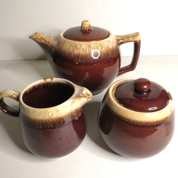 McCoy Pottery Vintage 1960's Brown Drip Glaze Teapot, Lidded Sugar Bowl and Creamer (inv 514)