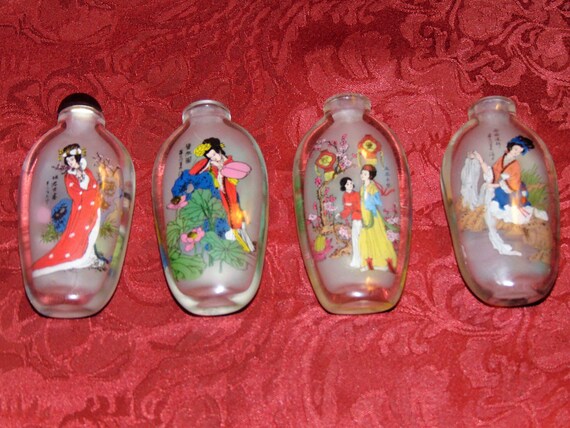 逆さに描かれた中国の嗅ぎタバコ瓶4点：芸者着物アート - Etsy 日本